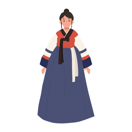 Femme heureuse portant le hanbok de robe traditionnelle coréenne  Illustration