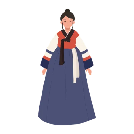 Femme heureuse portant le hanbok de robe traditionnelle coréenne  Illustration