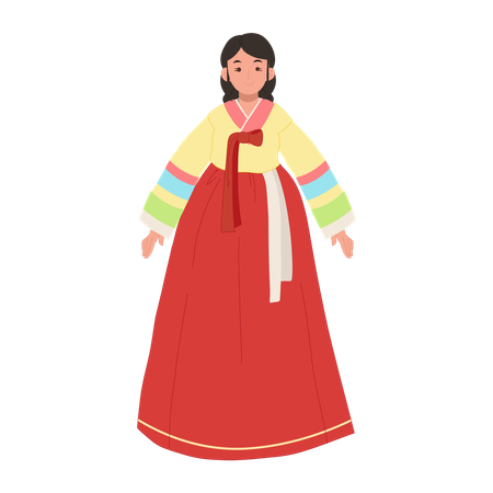 Femme heureuse portant le hanbok de robe traditionnelle coréenne  Illustration