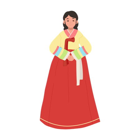 Femme heureuse portant le hanbok de robe traditionnelle coréenne  Illustration