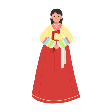 Femme heureuse portant le hanbok de robe traditionnelle coréenne  Illustration