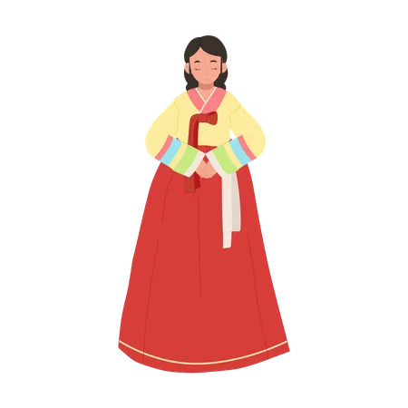 Femme heureuse portant le hanbok de robe traditionnelle coréenne  Illustration