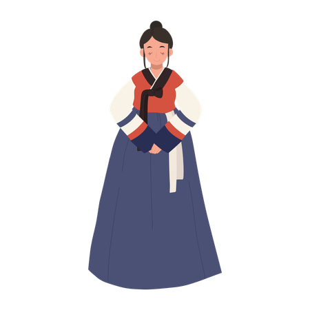 Femme heureuse portant le hanbok de robe traditionnelle coréenne  Illustration