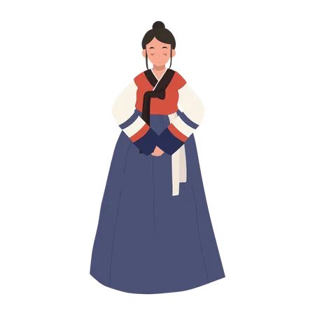 Femme heureuse portant le hanbok de robe traditionnelle coréenne  Illustration