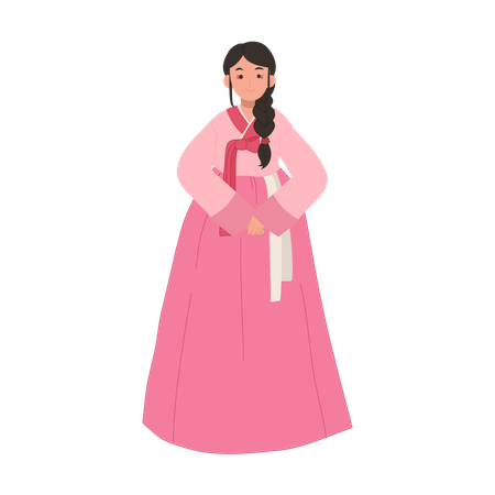 Femme heureuse portant le hanbok de robe traditionnelle coréenne  Illustration