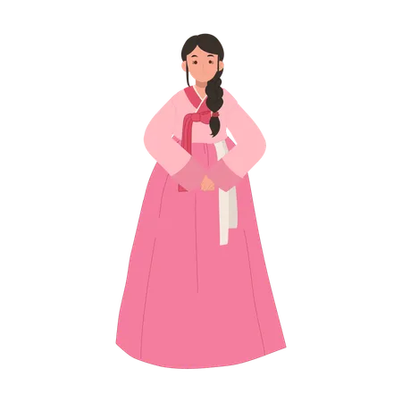 Femme heureuse portant le hanbok de robe traditionnelle coréenne  Illustration