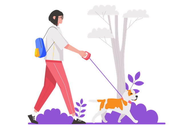 Femme heureuse promenant sa laisse de chien dans le parc de la ville  Illustration