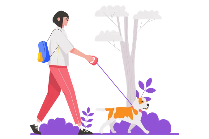 Femme heureuse promenant sa laisse de chien dans le parc de la ville  Illustration