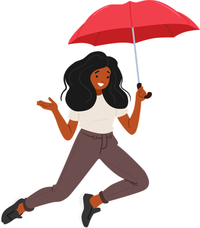 Femme heureuse sautant dans les airs tout en tenant un parapluie rouge  Illustration