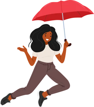 Femme heureuse sautant dans les airs tout en tenant un parapluie rouge  Illustration