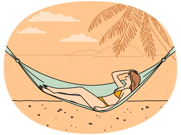 Une femme heureuse se détend dans un hamac sur la plage  Illustration