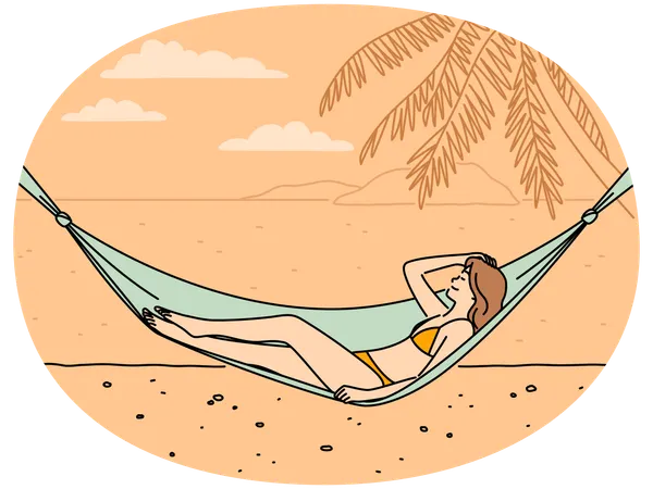 Une femme heureuse se détend dans un hamac sur la plage  Illustration