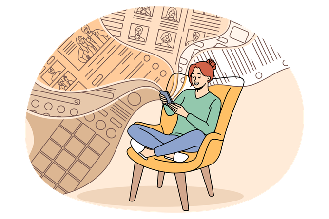 Une femme heureuse se détend avec son téléphone portable en faisant défiler le fil d'actualité Internet  Illustration