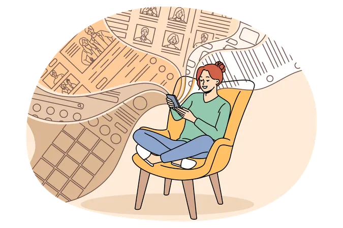 Une femme heureuse se détend avec son téléphone portable en faisant défiler le fil d'actualité Internet  Illustration