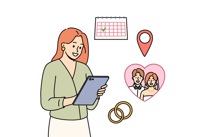 Une femme heureuse se prépare pour son mariage tout en choisissant la date sur le calendrier et en commandant des alliances sur une tablette  Illustration