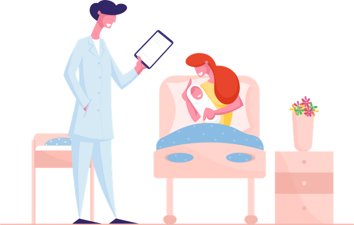 Femme heureuse tenant un enfant nouveau-né et écoutant les recommandations du médecin  Illustration