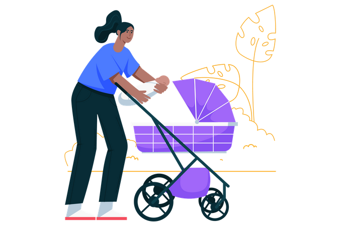 Femme heureuse tenant un bébé mignon et le mettant dans une poussette  Illustration