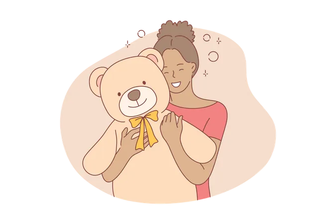 Femme heureuse tenant un ours en peluche  Illustration