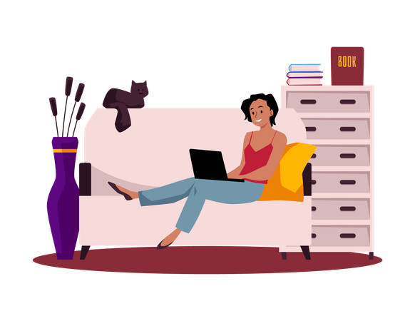 Femme heureuse travaillant avec un ordinateur portable sur un canapé Illustration