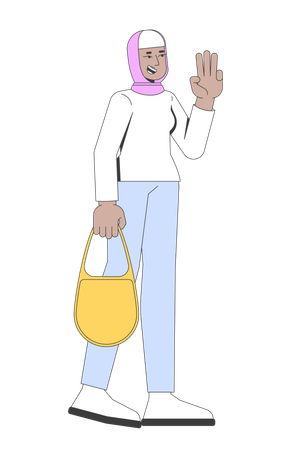 Femme joyeuse portant un hijab marchant avec trois doigts en signe de salut  Illustration