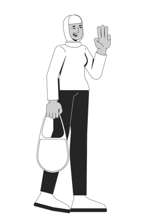 Femme joyeuse portant un hijab marchant avec trois doigts en signe de salut  Illustration