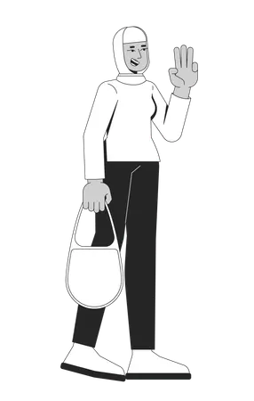 Femme joyeuse portant un hijab marchant avec trois doigts en signe de salut  Illustration