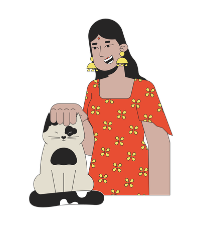 Femme hindoue souriante caressant le chat  Illustration