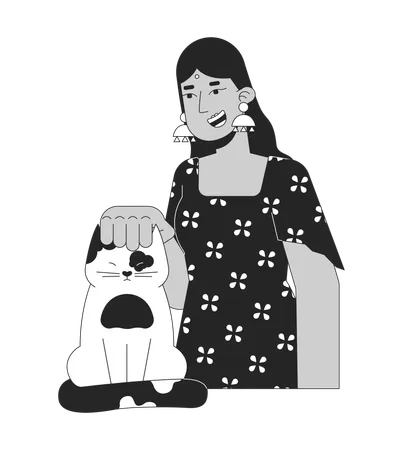 Femme hindoue souriante caressant le chat  Illustration