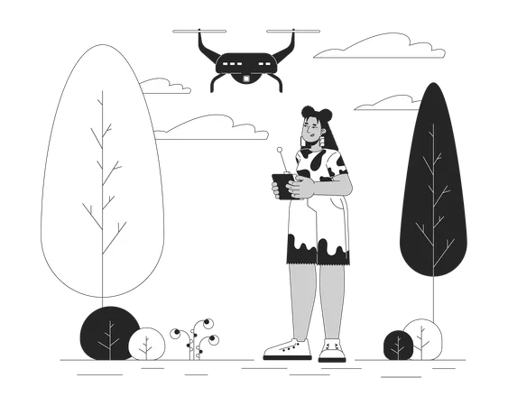 Femme hispanique volant un drone dans le parc  Illustration