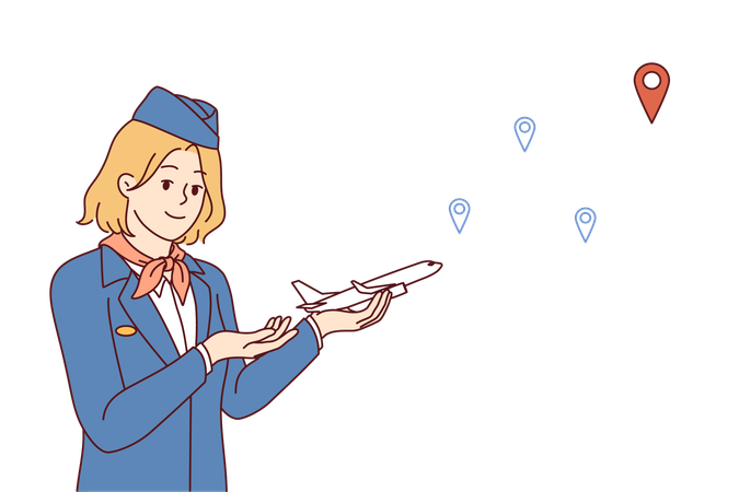 Une hôtesse de l'air vous invite à partir en voyage en avion et devient cliente d'une compagnie aérienne détenant un petit avion.  Illustration