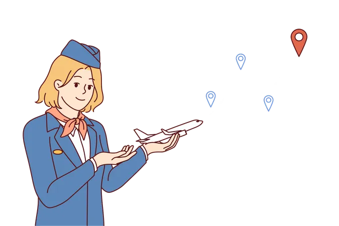 Une hôtesse de l'air vous invite à partir en voyage en avion et devient cliente d'une compagnie aérienne détenant un petit avion.  Illustration