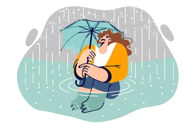 Une femme mouillée avec un parapluie est assise dans une flaque d'eau pendant la pluie ou l'ouragan  Illustration
