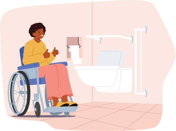 Une femme inclusive en fauteuil roulant montrant le pouce levé a recommandé un bon service de toilettes  Illustration