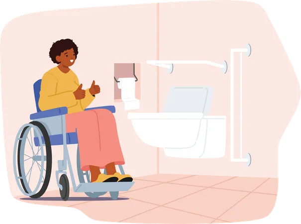 Une femme inclusive en fauteuil roulant montrant le pouce levé a recommandé un bon service de toilettes  Illustration