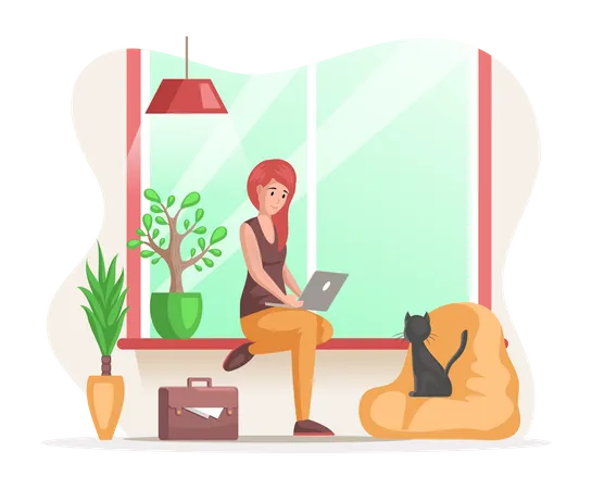 Femme indépendante assise à la maison travaillant avec un ordinateur portable  Illustration