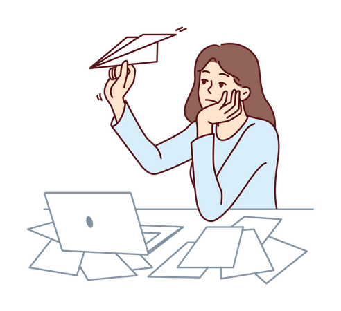 Femme indépendante non motivée assise au bureau avec un ordinateur portable et lançant des avions en papier  Illustration