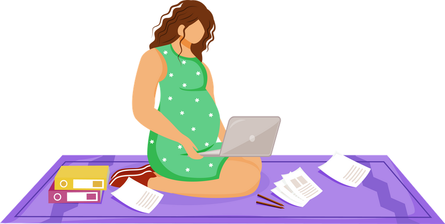 Femme indépendante enceinte avec ordinateur portable faisant son travail  Illustration