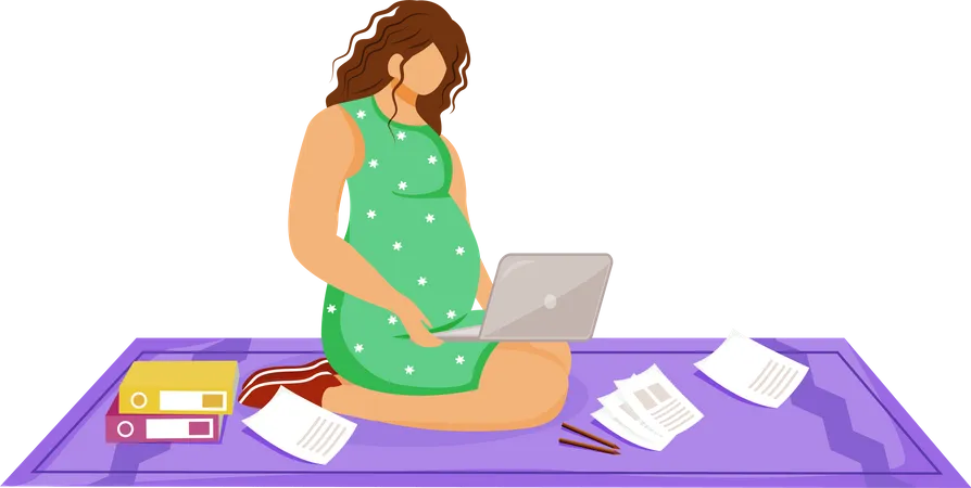 Femme indépendante enceinte avec ordinateur portable faisant son travail  Illustration