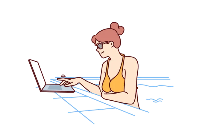 Une femme indépendante nage dans la piscine et utilise un ordinateur portable pour travailler sur Internet  Illustration