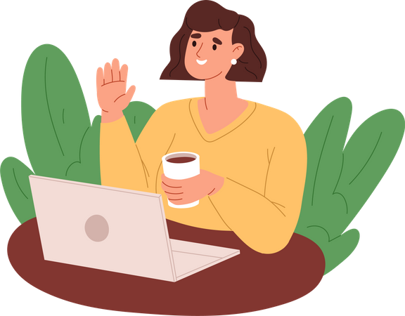 Femme indépendante lors d'une réunion en ligne sur un ordinateur portable et buvant du café  Illustration