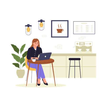 Femme indépendante travaillant dans un café avec un ordinateur portable  Illustration