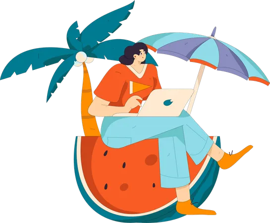 Femme indépendante travaillant en vacances  Illustration