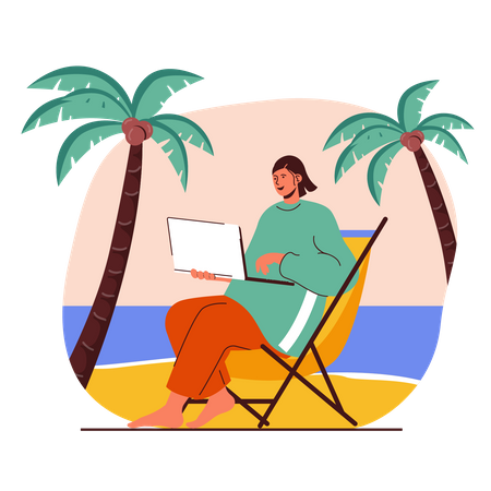 Femme indépendante travaillant sur la plage  Illustration