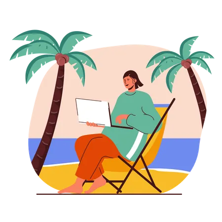 Femme indépendante travaillant sur la plage  Illustration