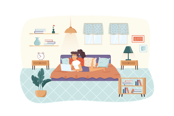 Femme indépendante travaillant sur un ordinateur portable, allongée sur le lit dans la chambre à coucher à la maison. Freelance, travail à distance, travail indépendant, concept de lieu de travail confortable. Illustration vectorielle de personnages de pe  Illustration