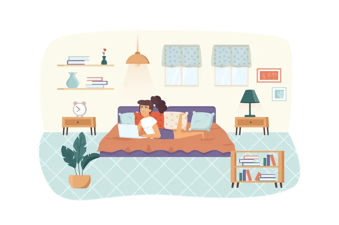 Femme indépendante travaillant sur un ordinateur portable, allongée sur le lit dans la chambre à coucher à la maison. Freelance, travail à distance, travail indépendant, concept de lieu de travail confortable. Illustration vectorielle de personnages de pe  Illustration