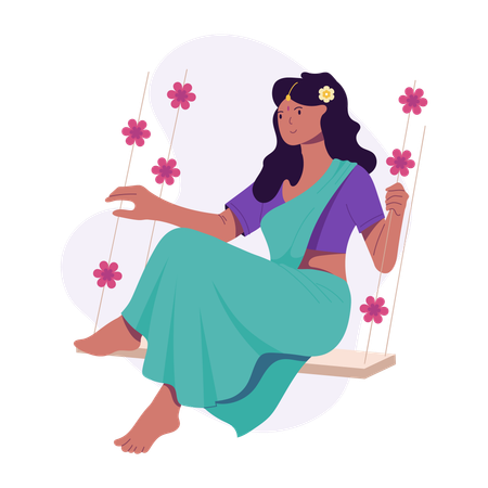 Femme indienne assise sur une balançoire  Illustration