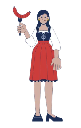 Femme indienne en dirndl tenant une saucisse grillée  Illustration