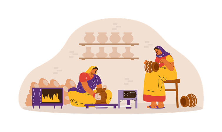 Femme indienne en sari et châle traditionnels pratiquant la poterie et la peinture  Illustration