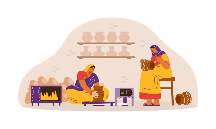 Femme indienne en sari et châle traditionnels pratiquant la poterie et la peinture  Illustration